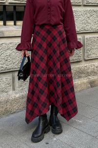 Lamelif Ekose Desen Etek Bordo