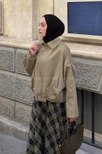 Army Green Shirt Collar Long Arm Lycra Polyester Jacket