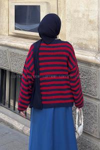 Lamelif Oversize Çizgili Triko Kazak Lacivert