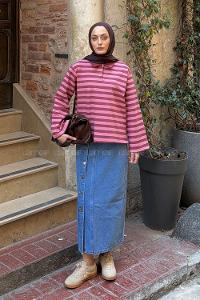 Lamelif Polo Yaka Düğmeli Çizgili Sweat Vişne Pembe