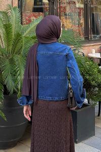 Lamelif Süs Düğme Tasarımlı Kot Ceket Koyu Mavi