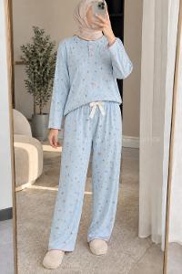 Lamelif Çiçek Desenli Düğmeli Fitilli Pijama Takımı