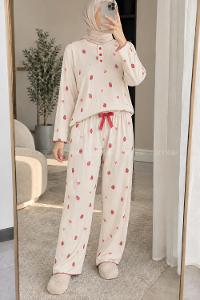 Lamelif Çilek Desenli Düğmeli Fitilli Pijama Takımı