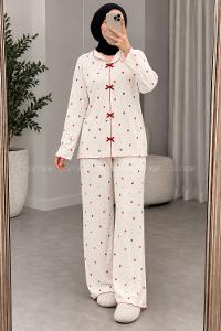 Lamelif Çilek Desenli Fiyonk Detaylı Pijama Takımı
