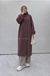 Lamelif Dik Yaka Oversize Kaşe Kaban Mürdüm