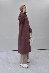 Lamelif Dik Yaka Oversize Kaşe Kaban Mürdüm