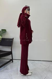 Lamelif Düğme Detaylı Fitilli Triko Takım Bordo