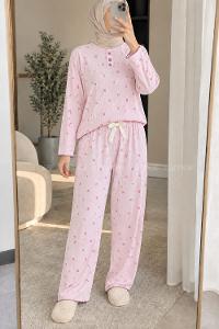 Lamelif Fiyonk Desenli Düğmeli Fitilli Pijama Takımı