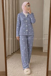 Lamelif Fiyonk Detaylı Kalp Desenli Kaşkorse Pijama Takımı