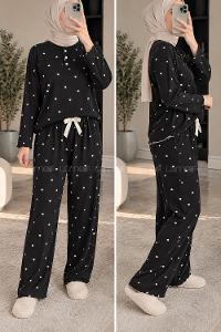 Lamelif Kalp Desenli Düğmeli Fitilli Pijama Takımı