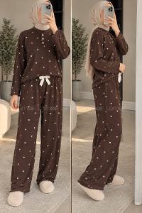 Lamelif Kalp Desenli Düğmeli Fitilli Pijama Takımı