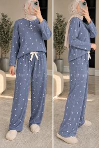 Lamelif Kalp Desenli Düğmeli Fitilli Pijama Takımı