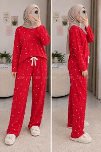 Lamelif Kırmızı Kalp Detaylı Pijama Takımı