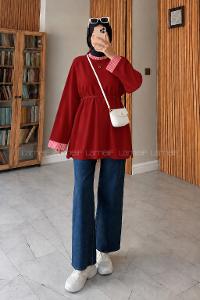 Lamelif Kolları Çizgi Manşet Katlamalı Tunik Kırmızı