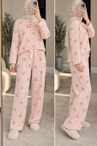 Lamelif Kurdela Desenli Düğmeli Fitilli Pijama Takımı
