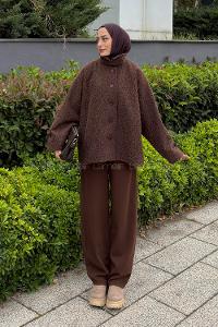 Lamelif Apolet Detaylı Sakallı Ceket Acı Kahve