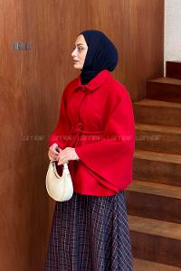 Lamelif Bağlama Detaylı Kaşe Panço Kırmızı