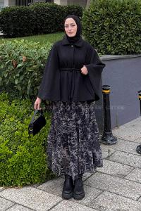 Lamelif Bağlama Detaylı Kaşe Panço Siyah