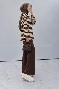 Lamelif Çizgili Oysho Sweat Kahve-Bej