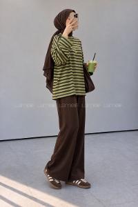 Lamelif Çizgili Oysho Sweat Yeşil-Kahve