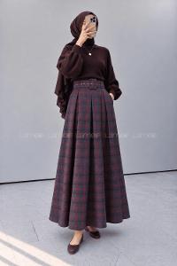 Lamelif Ekose Desen Kemerli Etek Bordo