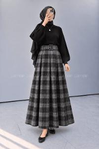 Lamelif Ekose Desen Kemerli Etek Gri