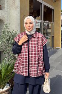 Lamelif Ekose Yelek Detaylı Üçlü Takım Bordo