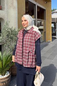 Lamelif Ekose Yelek Detaylı Üçlü Takım Bordo