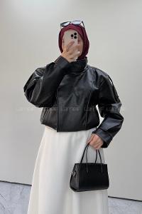 Lamelif Kruvaze Kapama Deri Ceket Siyah