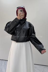 Lamelif Kruvaze Kapama Deri Ceket Siyah