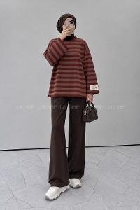 Lamelif Arma Detaylı Çizgili Basic Sweat Kahverengi Bordo