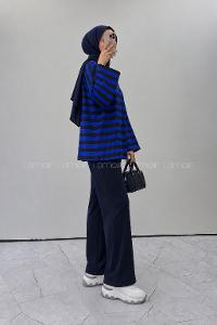 Lamelif Arma Detaylı Çizgili Basic Sweat Mor Siyah