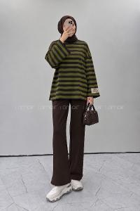 Lamelif Arma Detaylı Çizgili Basic Sweat Yeşil Kahverengi