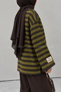 Lamelif Arma Detaylı Çizgili Basic Sweat Yeşil Kahverengi