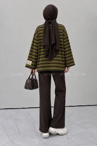 Lamelif Arma Detaylı Çizgili Basic Sweat Yeşil Kahverengi