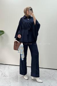 Lamelif Bağlama Detaylı Panço-Pantolon Takım Lacivert