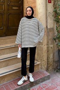 Lamelif Bisiklet Yaka Çizgili Tunik Siyah