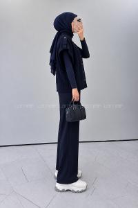 Navy Blue Turtle Neck Sleeveless Arm Buttoned Unprinted Vest