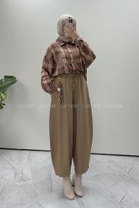 Lamelif Cepli Oversize Ekose Gömlek Soft Kahve