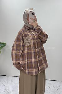 Lamelif Cepli Oversize Ekose Gömlek Soft Kahve