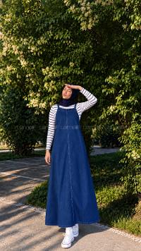 Lamelif Askılı Denim Salopet Elbise Koyu Mavi