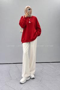 Lamelif Basic Kuş Detaylı Oversize Sweatshirt Kırmızı
