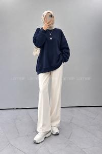 Lamelif Basic Kuş Detaylı Oversize Sweatshirt Lacivert