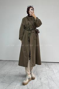 Khaki Long Arm Buttoned Cotton Fabric Naylon Trench Coat
