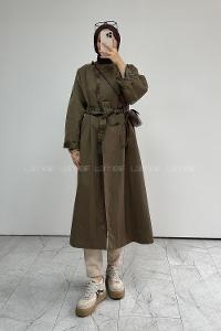 Khaki Long Arm Buttoned Cotton Fabric Naylon Trench Coat