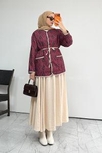 Lamelif Etnik Desen Çıt Çıtlı Ceket Bordo