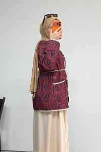 Lamelif Etnik Desen Çıt Çıtlı Ceket Bordo