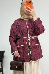 Lamelif Etnik Desen Çıt Çıtlı Ceket Bordo