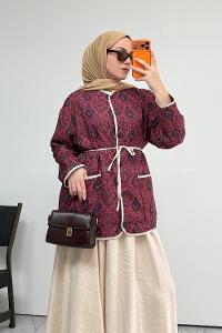 Lamelif Etnik Desen Çıt Çıtlı Ceket Bordo