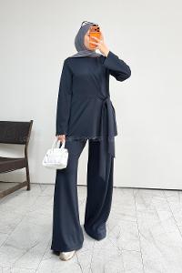 Navy Blue Neckband Long Arm Without Accessories Regular Trousers Suit